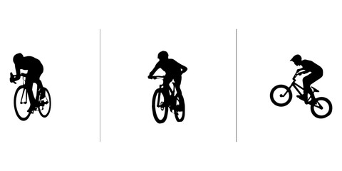 Fototapeta premium Black vector illustration showing a man and a woman riding their bicycles on white background, Cyclist silhouette on bicycle, isolated on white background