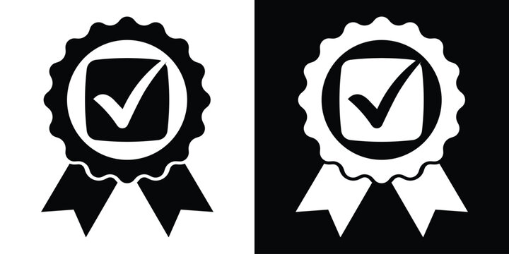 Approved check mark ribbon badge vector template in black and white versions. Verified certificate seal emblem icon for quality assurance, standard compliance, and successful pass stamp.