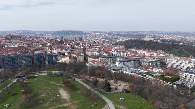Aerial View of Zizkov Neighborhood of Prague Czechia From Vitkov Hill in Spring Season, Drone Shot