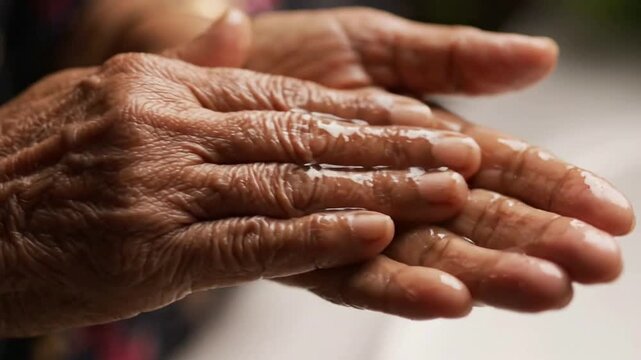 Elderly hands with water drops.