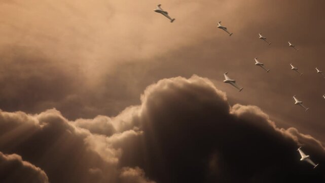 Shahed 136 Kamikaze Drones Flying By to Target with Cloud Light Rays Background. UAV Unmanned Aerial Vehicle. Modern Technology Warfare in the Air. Combat Aircraft. 3D Render.