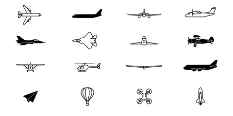 Aircraft Icons Featuring Various Planes, Jets, Helicopters, and Spacecraft in a 4x4 Grid Featuring Aviation, Illustration, Vector © MDRASEL