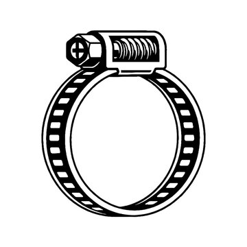 Black and white vector illustration of a single hose clamp with a worm drive mechanism and slotted hex head screw