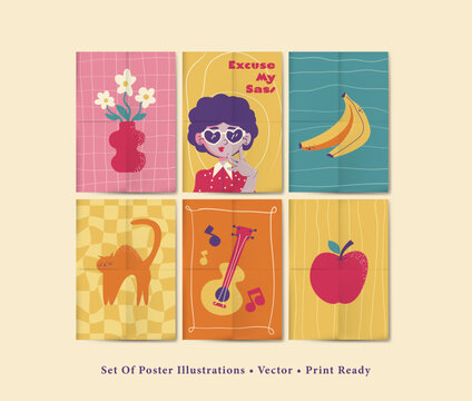 Set of retro-inspired illustrations, sassy woman character, cat, flower and everyday objects, bold dopamine color palette, groovy pattern background, perfect for wall art and home decor. Vector