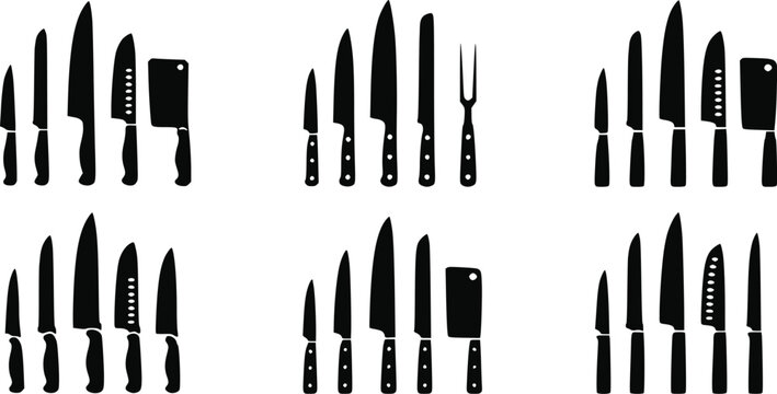 Set of black kitchen knife silhouettes for cooking and food preparation isolated on white background, Vector