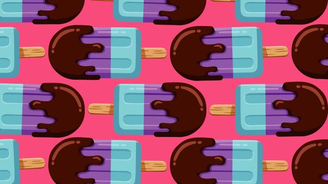 Seamless pattern of chocolate dipped blue and purple ice cream popsicles on a vibrant pink background. Perfect for summer promotions, dessert branding, food advertising