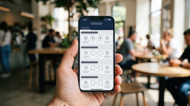 Hand holding a smartphone displaying a modern sports match tracker app mockup inside a bright, bustling cafe with warm, natural lighting; ideal for UI/UX design, mobile tech, and betting ads.