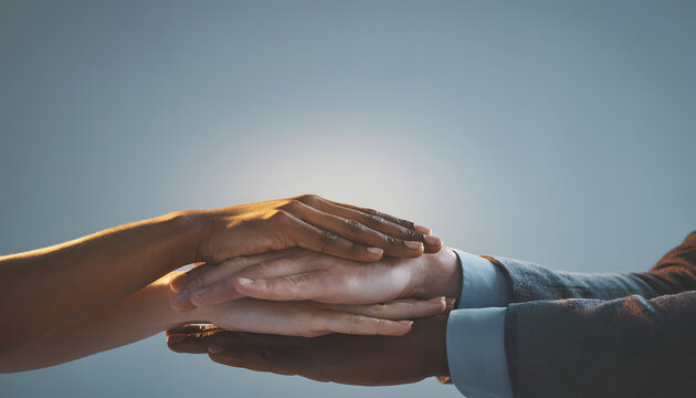 Three diverse hands stacked together symbolizing teamwork, unity, and mutual support in a professional setting