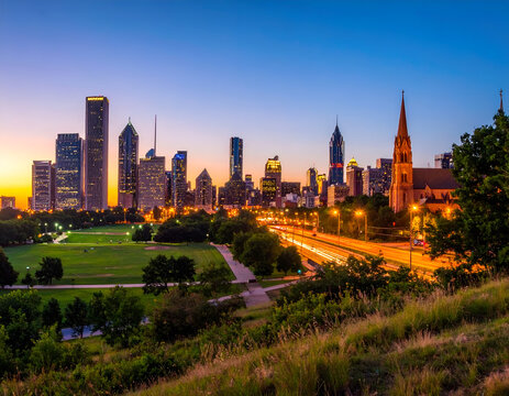 Vibrant Cityscape at Dusk with Illuminated Skyline and Lush Green Park.