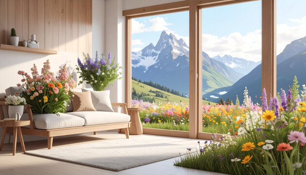 Modern Living Room with Mountain View and Wildflowers