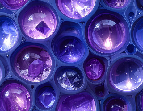 Close-up of Purple and Blue Glass Gems with Reflections.