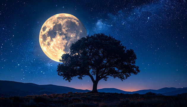 Large Full Moon and Tree Silhouette under Starry Night Sky