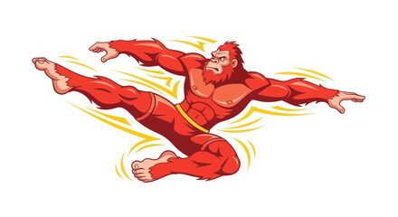 Powerful red ape performing a dynamic martial arts flying kick © titik