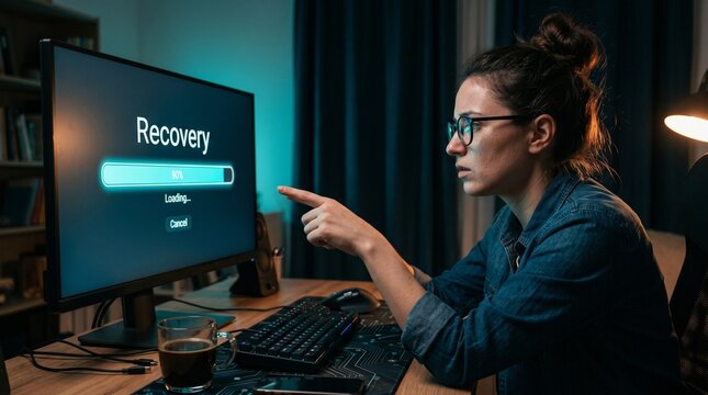 Computer Recovery Progress: A focused woman wearing glasses points at a computer monitor displaying a progress bar for a system recovery, indicating a critical data restoration process.