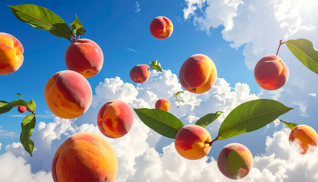 Fresh Peaches Floating in Bright Blue Summer Sky with Clouds