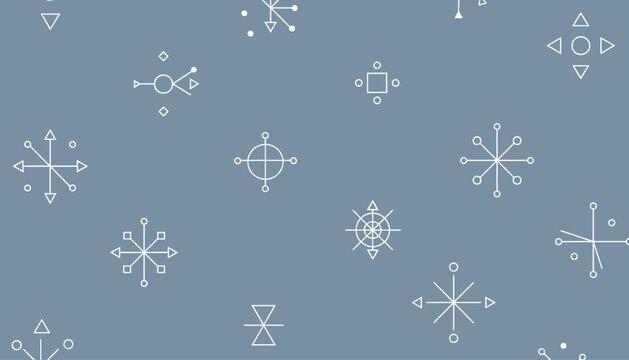 Seamless abstract pattern with white atomic stars, geometric shapes, and mid-century modern symbols on a blue-gray background.