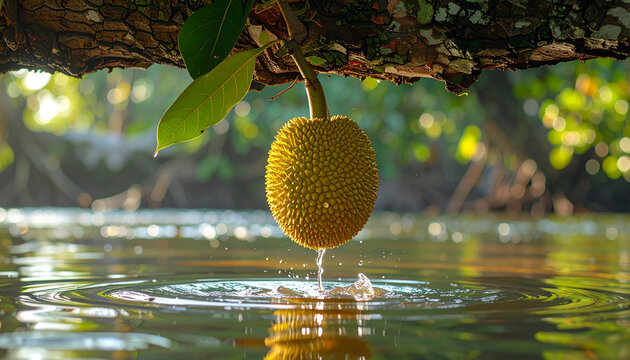 Fresh jackfruit touching water surface in tropical forest