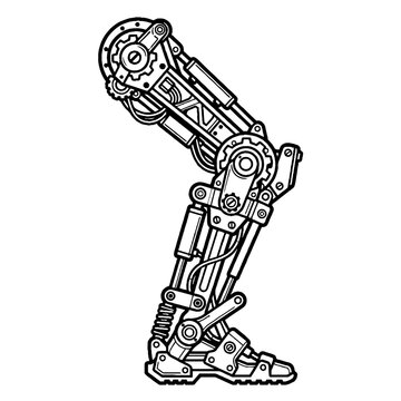Detailed vector line art illustration of a bionic robotic leg with gears and mechanical components, isolated on a clean white background.