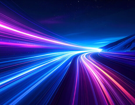 Vibrant Light Trails on a Winding Highway at Night.