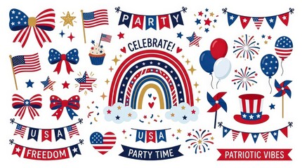 Obraz premium Patriotic 4th of july party celebration elements with american flag rainbow