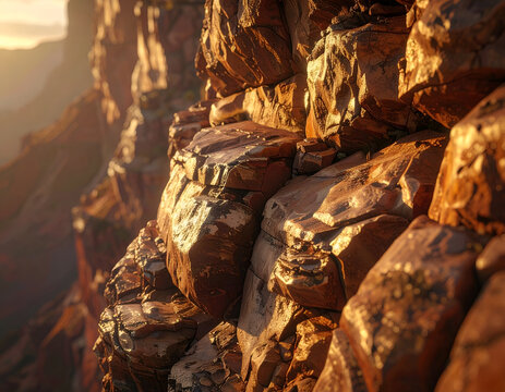 Close-up of sunlit red rock formations at sunset.