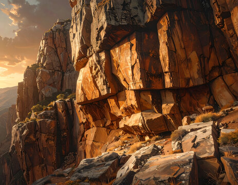 Majestic Grand Canyon Rock Formations Bathed in Golden Hour Sunlight.