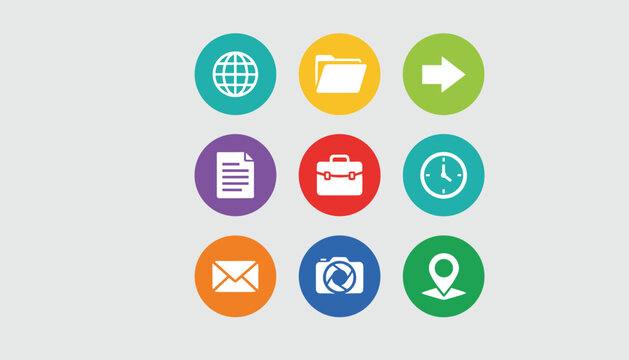 Nine colorful circular business and communication icons arranged in a three by three grid on a light grey background.