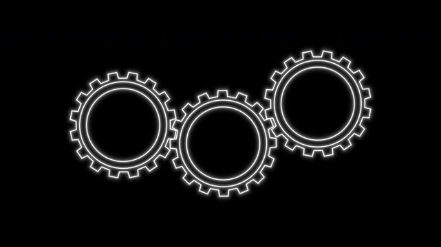 Seamless loop of three white glowing neon gears rotating in a dynamic mechanical system animation.