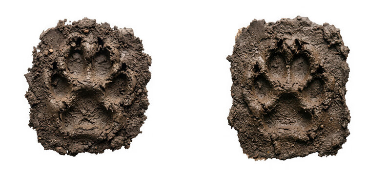 Two paw prints of wild animal tracks in mud isolated on transparent background