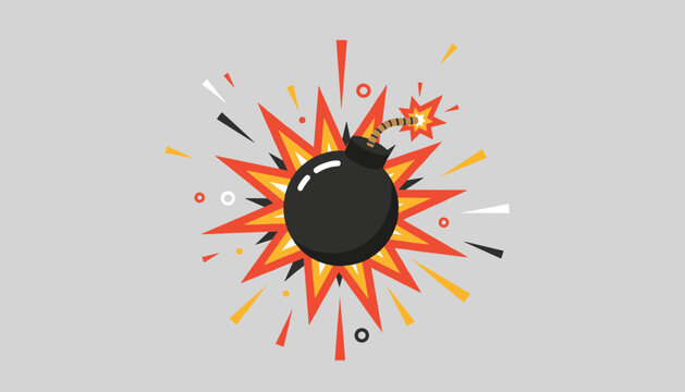 Cartoon black bomb exploding with colorful orange and red fire bursts on a simple light gray background.