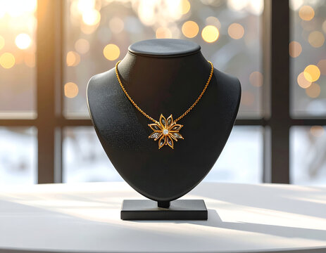 Elegant Gold Starburst Necklace Displayed on Black Mannequin.