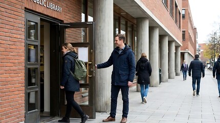 Fototapeta premium People entering public library building modern architecture daylight