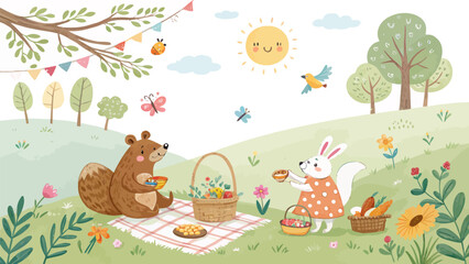 Obraz premium Whimsical cartoon animals enjoy a cheerful outdoor picnic with fresh produce and flowers in a sunny meadow