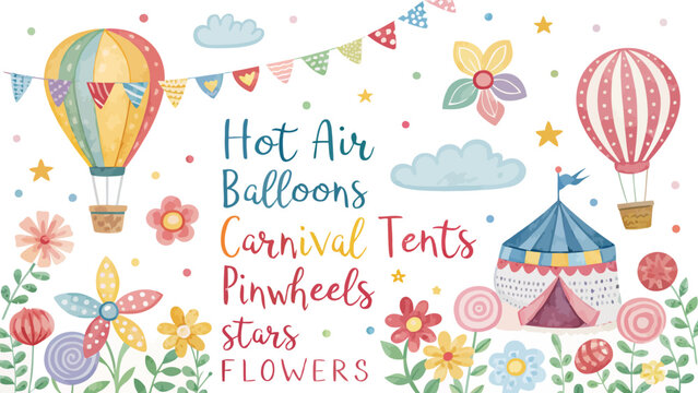 Colorful watercolor carnival border with hot air balloons pinwheels and whimsical flowers for festive event designs