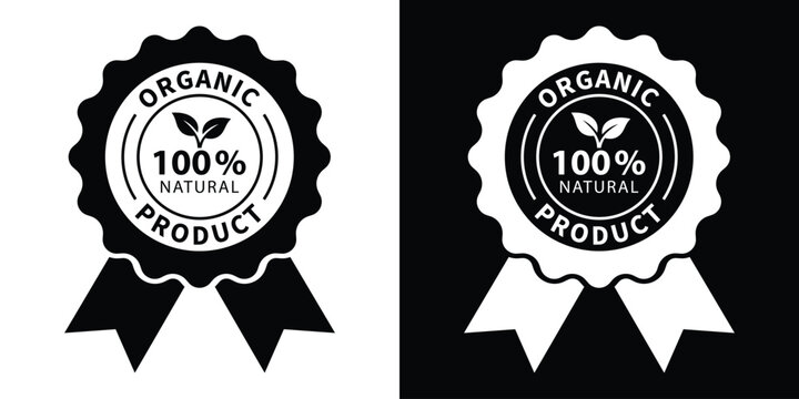 100% natural organic product badge vector icons in flat black and white style. Premium quality eco guarantee label with ribbons for packaging, marketing, and certified healthy food brand.