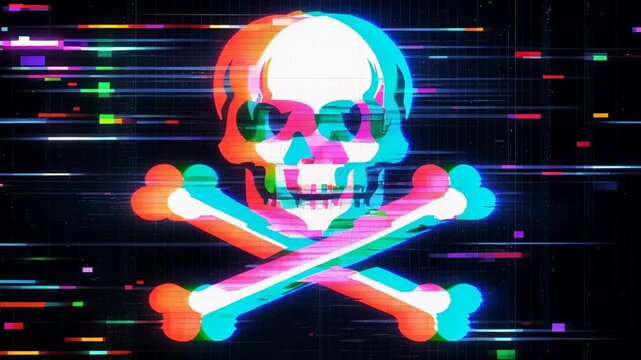 Glitch skull with crossed bones digital cyber warning symbol abstract technology background illustration art