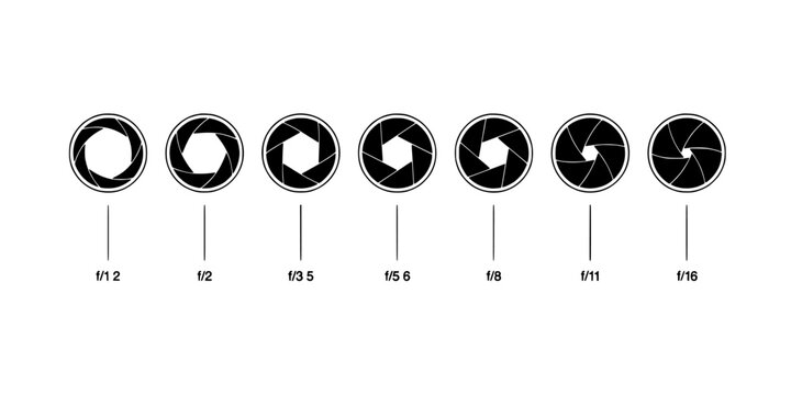 Camera Aperture Diagram Set Showing F/Stop Values From F/1.2 to F/16 with Geometric Iris Shapes Featuring Fstop, F-Number, F1.2