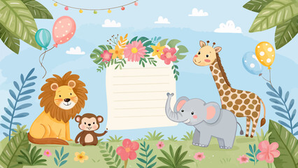 Naklejka premium Whimsical cartoon animals celebrate a joyful birthday party with balloons