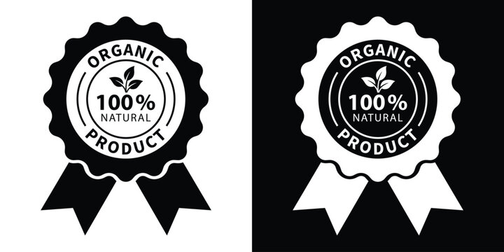 100% natural organic product badge vector icons in flat black and white style. Premium quality eco guarantee label with ribbons for packaging, marketing, and certified healthy food brand.