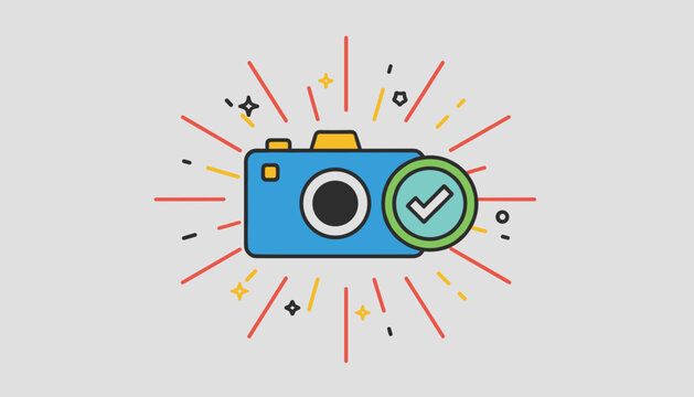 Blue photo camera icon with a green verified checkmark surrounded by colorful radiating energy lines on a grey background.