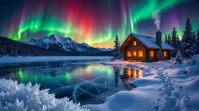 Cozy log cabin illuminated by warm interior lights nestled beside frozen lake under vibrant aurora borealis dancing across winter night sky with snow covered mountains reflecting on icy surface.