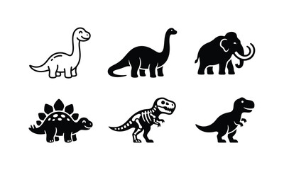 Prehistoric dinosaur silhouette and animal skeleton icons. © CrossVictorPro