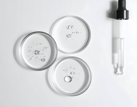 Laboratory glassware with clear liquid and dropper for scientific research.