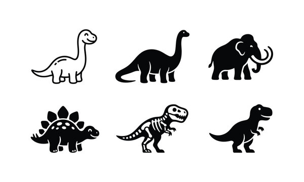 Prehistoric dinosaur silhouette and animal skeleton icons.