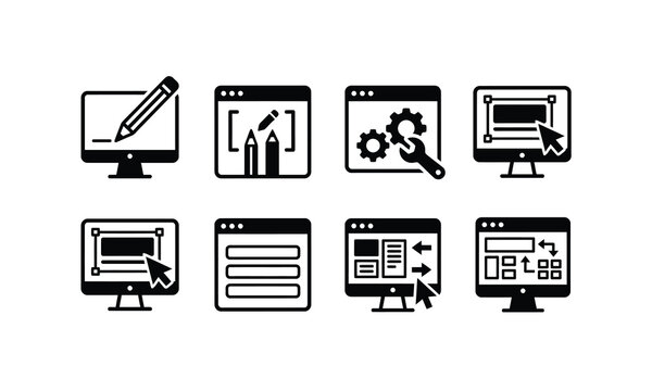 Set of computer monitor icons with web development elements.