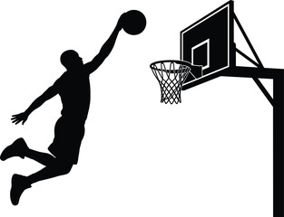 Basketball player silhouette jumping high to slam dunk ball into hoop isolated on clean white background © MSTRAZINA