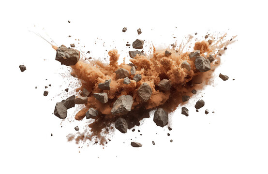 Exploding dirt and rock debris creating an impact cloud with dust flying outwards on a transparent background