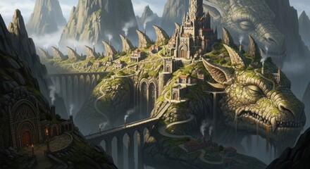 Obraz premium Fantasy castle built on the back of a giant sleeping stone dragon in a mountain landscape with stone bridges and winding paths in a detailed digital art illustration