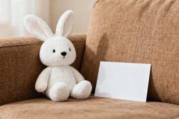 Fototapeta premium A white plush rabbit toy sits beside a blank white card on a brown fabric sofa in a cozy indoor setting.