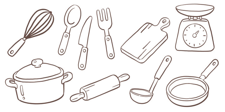 Hand-drawn Kitchen Tools Clipart Line Art PNG Set